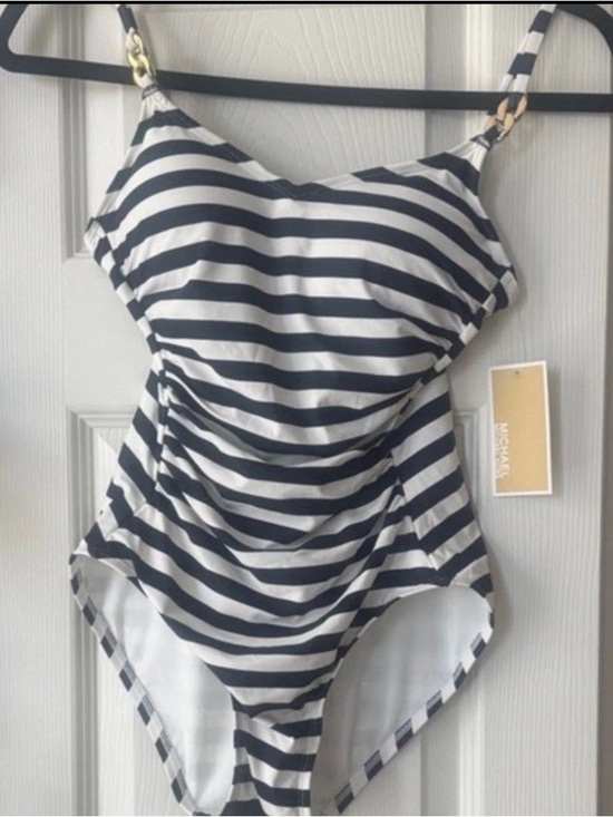 NWT Michael Kors MM4V470 Striped Navy White One Piece Swimsuit Ruched Size 6 - Picture 2 of 6